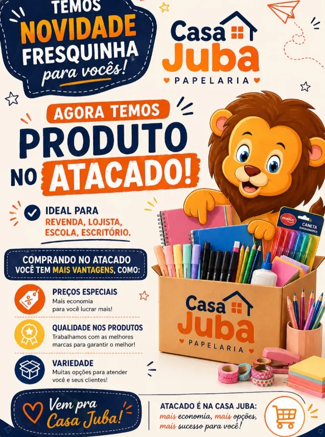 Cartaz: agora temos produto no atacado na Casa Juba, ideal para revenda, lojista, escola e escritório