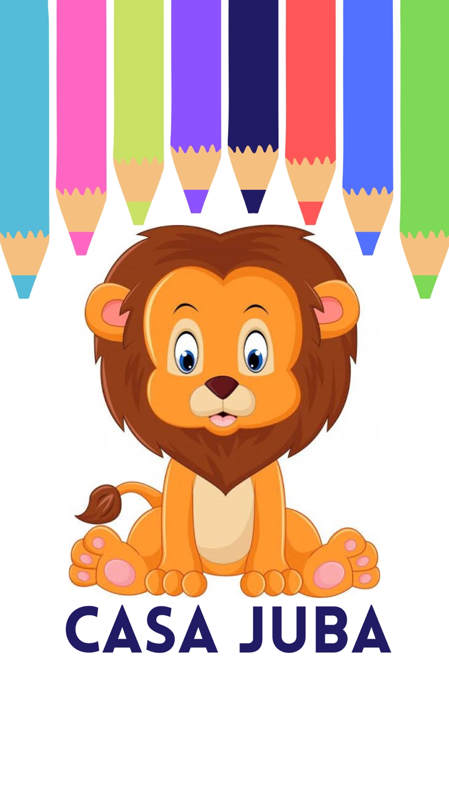 Logo da Papelaria Casa Juba: lápis coloridos e o leãozinho